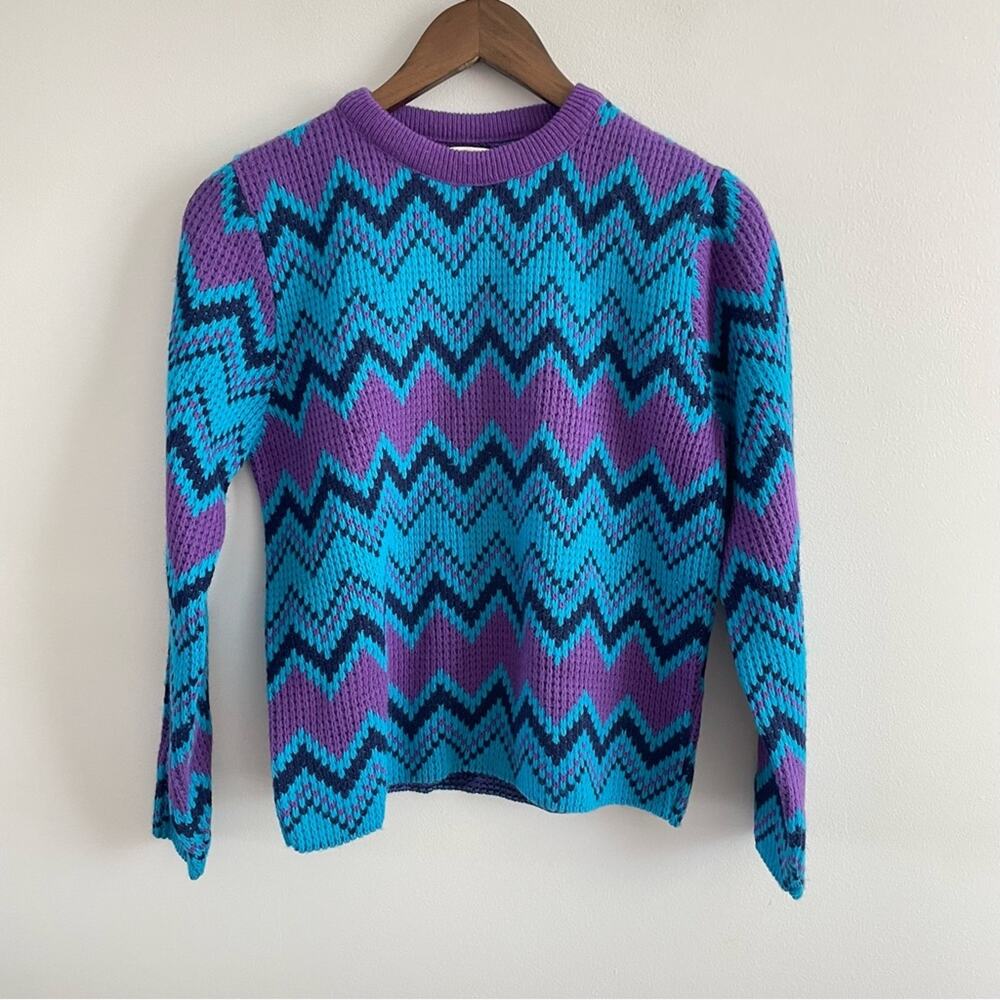 Vintage Maverick Blue Bell Pullover Sweater Abstract Purple & Blue Zigzag 1980s